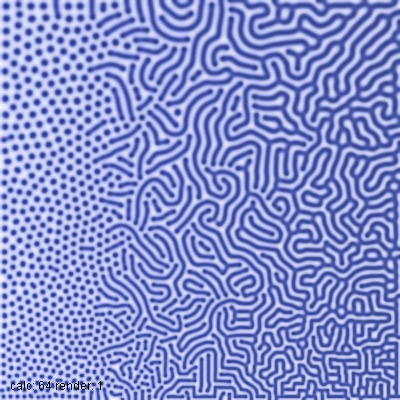 Gray-Scott morphogenesis with varying F, k, and diffusion parameters